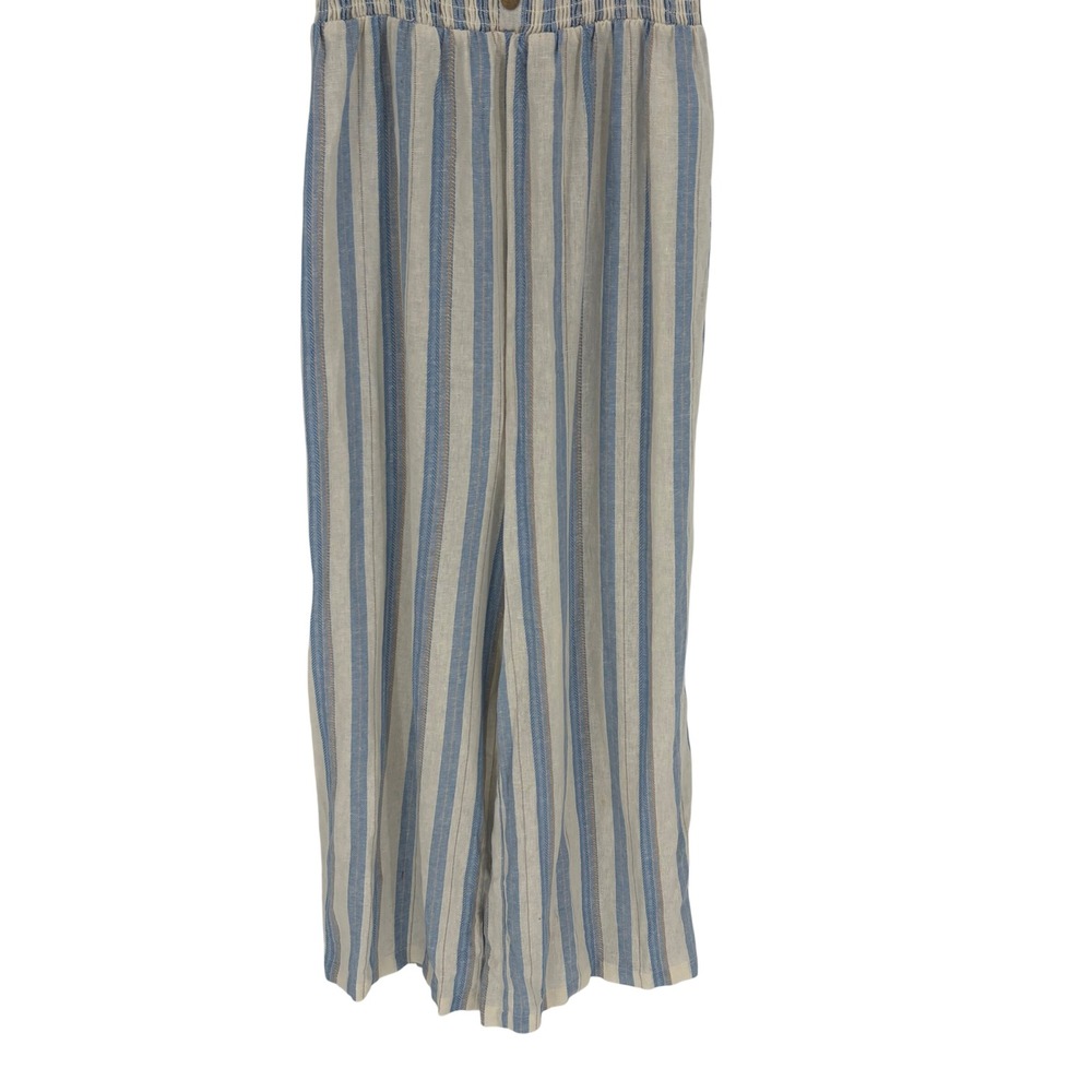 Love Tree Striped Wide Leg Jumpsuit Large Blue White Linen Blend Smocked Coastal - Picture 4 of 9